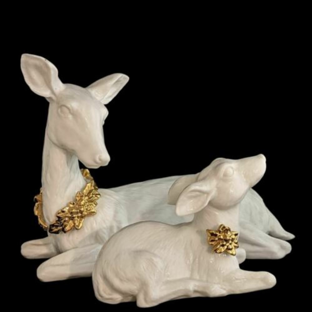 White Doe and Fawn Deer  Ceramic Figurines w/Gold Gilt Trim 7”T & 4”T